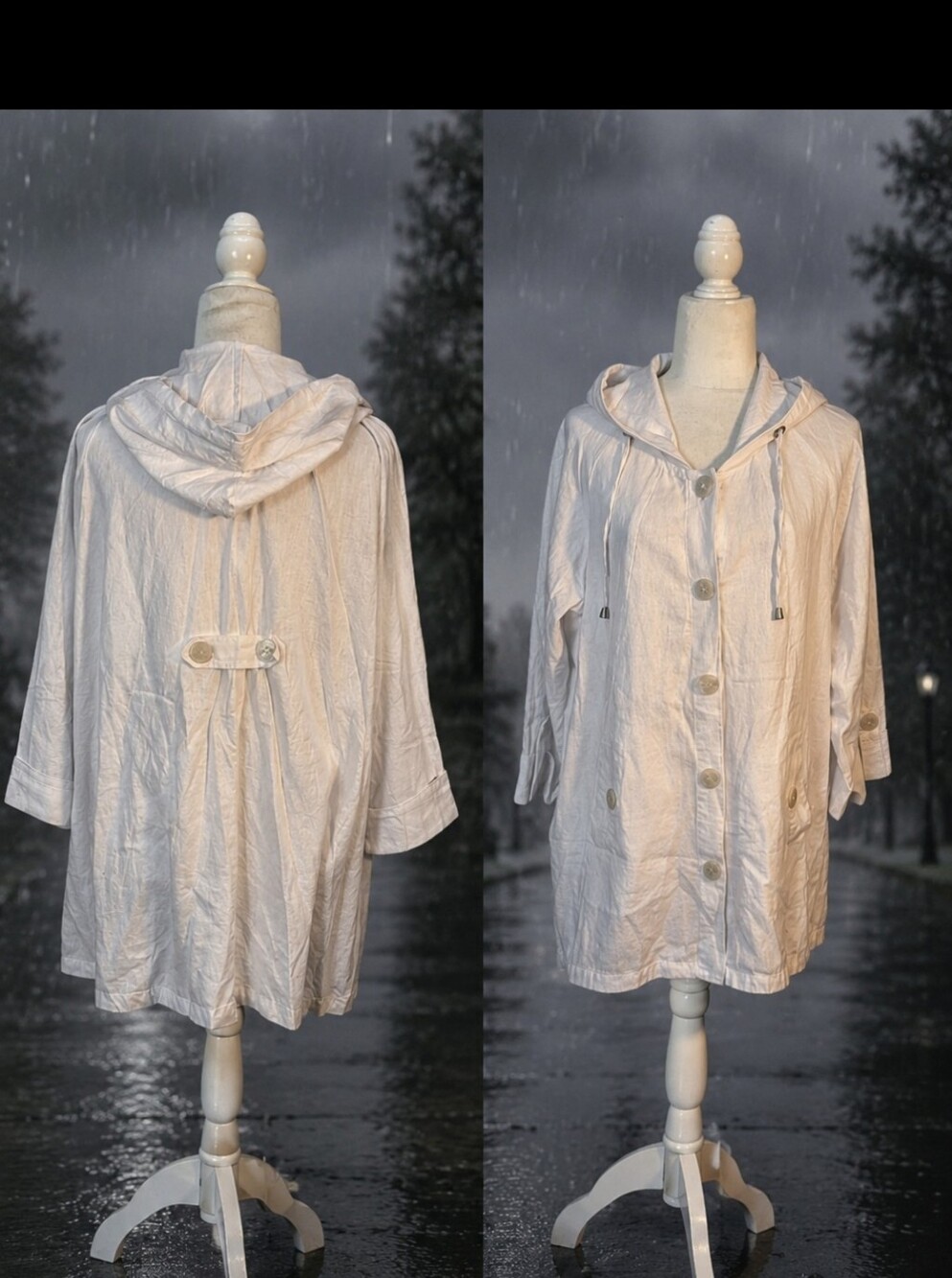 white linen blend oversized Lagenlook hooded trenchcoat jacket/ coverup sz 1X